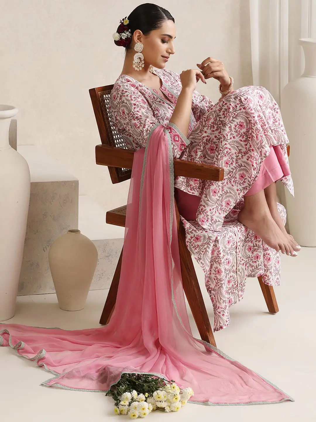 Women Floral Printed Angrakha Pure Cotton Kurta with Palazzos & With Dupatta - Image 2