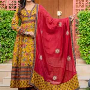 Women Floral Printed Cotton Anarkali Kurta with Palazzos & Dupatta